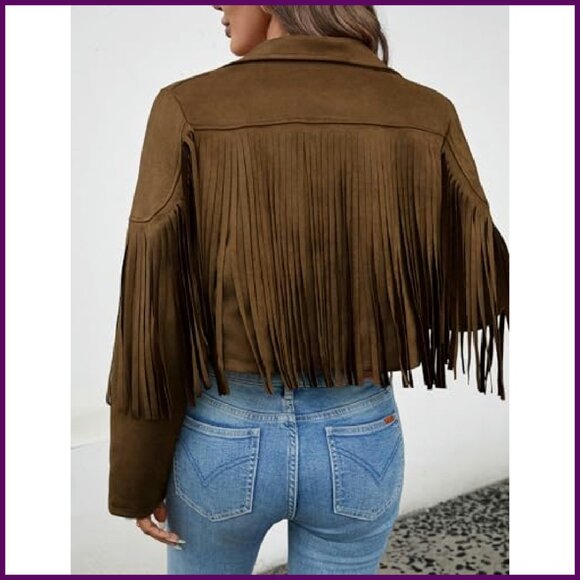 Faux Suede Cropped Jacket with Fringe Tassels, Lined, Western Style - Picture 3 of 8